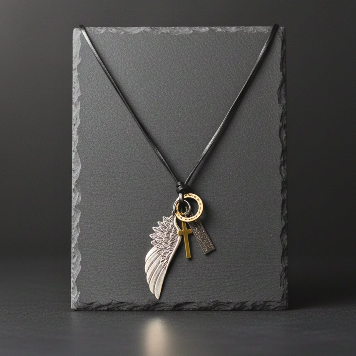 THE MEN THING Leather Necklace CROSSWING RELIC – 3-Inch Pure Stainless Steel Pendant with Adjustable Leather Rope for Men & Boys