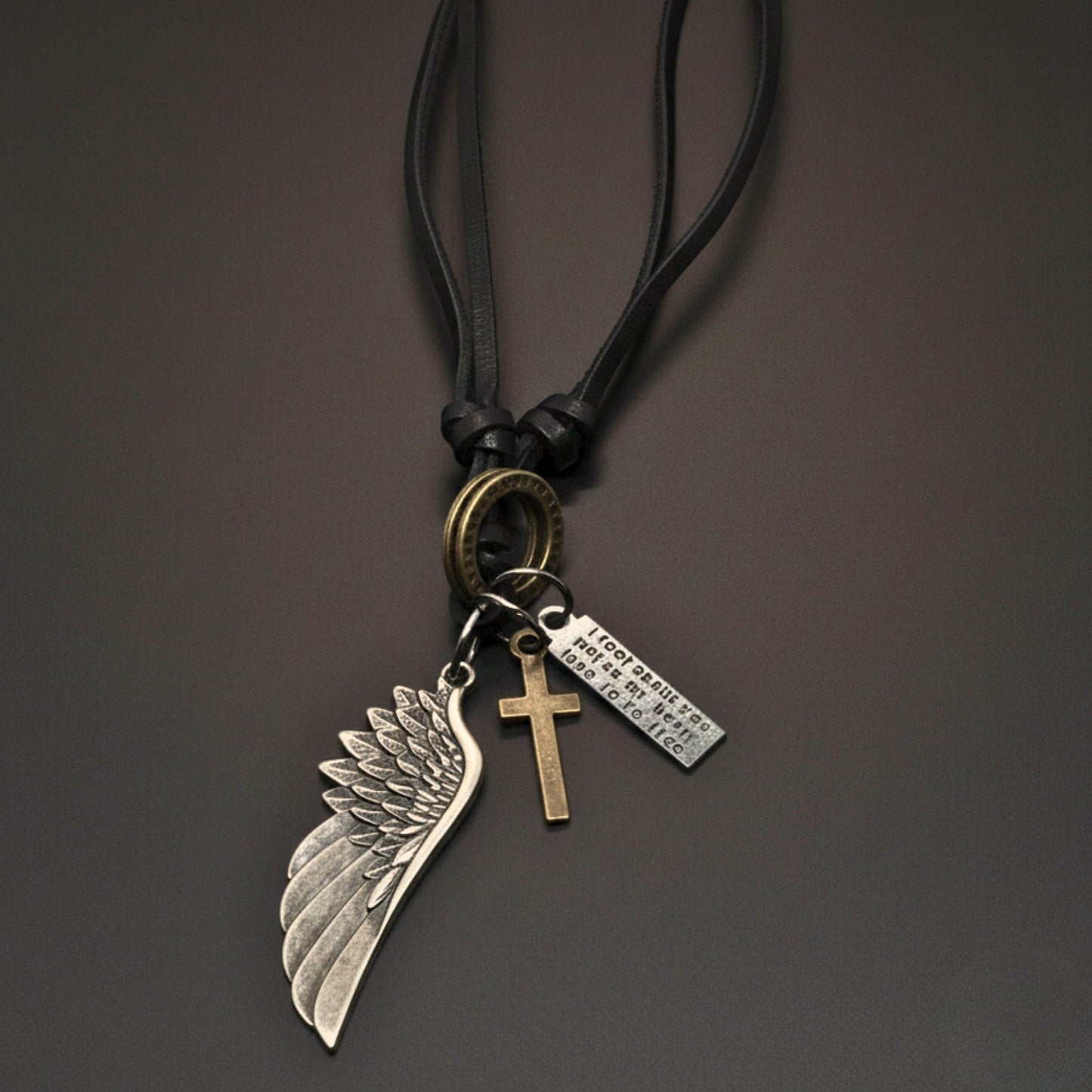 THE MEN THING Leather Necklace CROSSWING RELIC – 3-Inch Pure Stainless Steel Pendant with Adjustable Leather Rope for Men & Boys