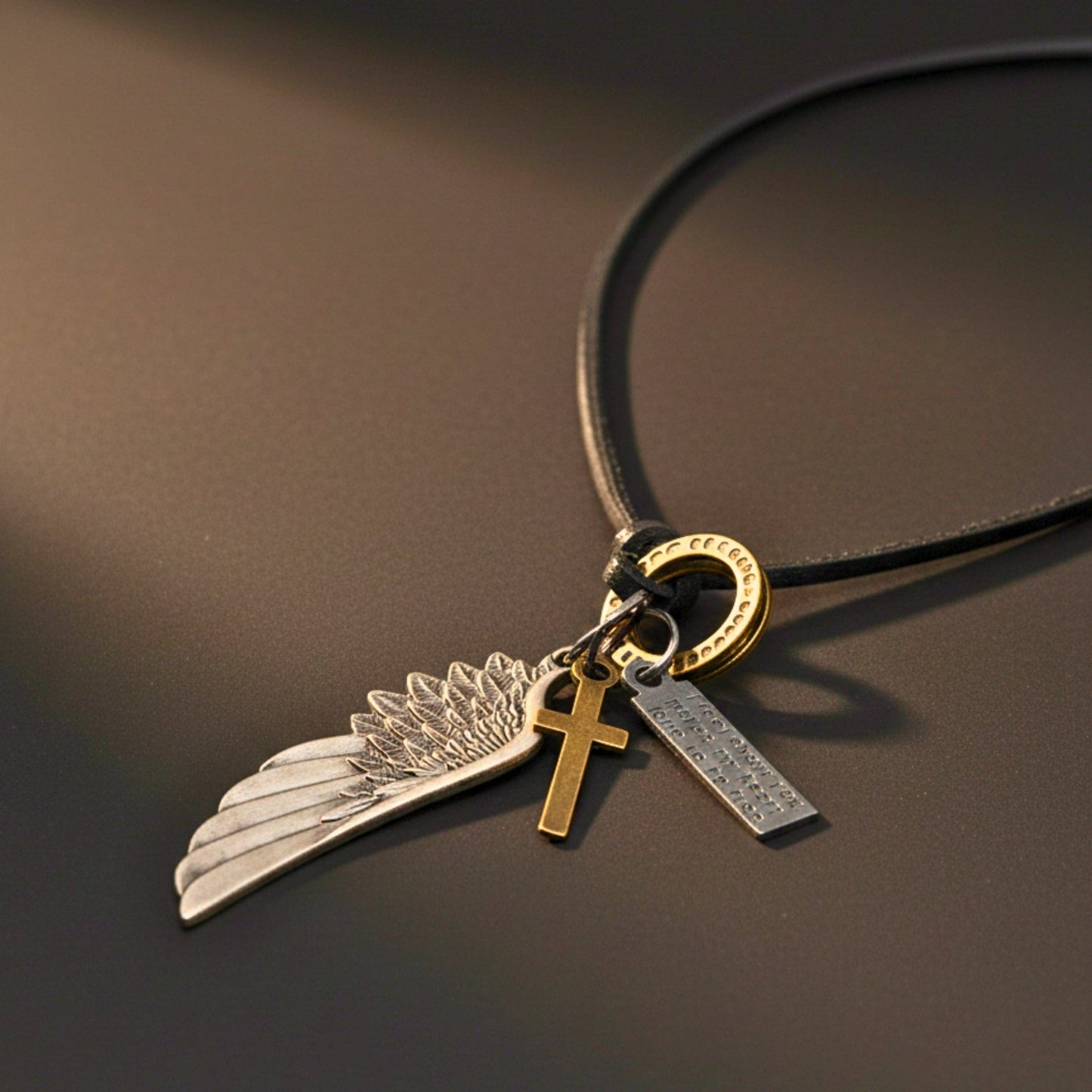 THE MEN THING Leather Necklace CROSSWING RELIC – 3-Inch Pure Stainless Steel Pendant with Adjustable Leather Rope for Men & Boys