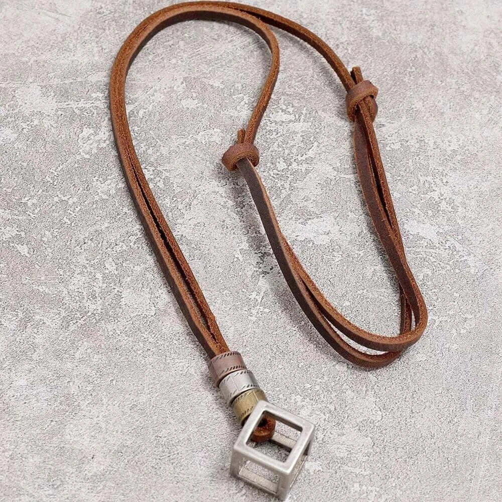 THE MEN THING Leather Necklace CUBICANO BROWN - Vintage Alloy Cube Pendant with Adjustable Pure Leather Cord Necklace for Men & Boys