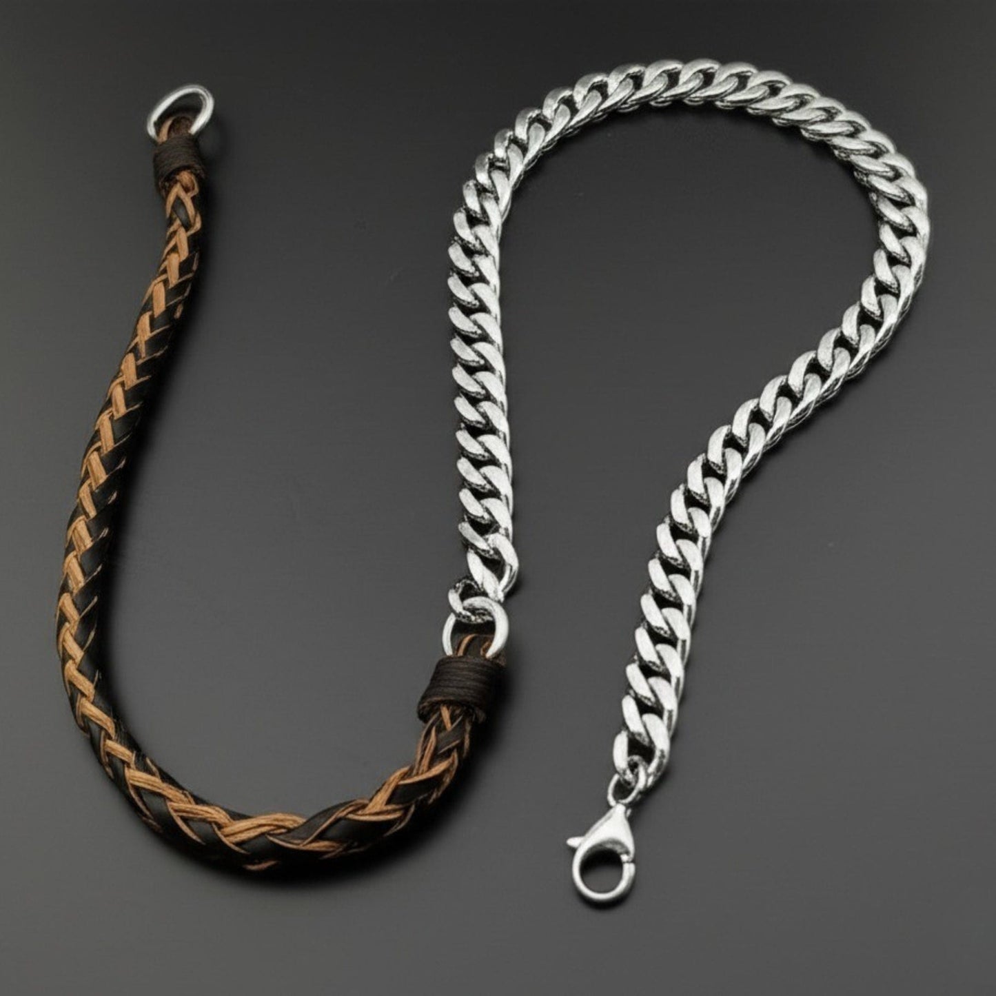 THE MEN THING Leather Necklace CURBLINK BRAID - Pure Titanium Steel Chain with Brown and Black Beaded Rope Necklace for Men and Boys - 17inch