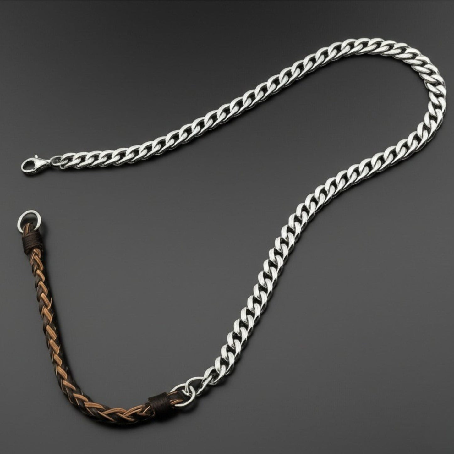 THE MEN THING Leather Necklace CURBLINK BRAID - Pure Titanium Steel Chain with Brown and Black Beaded Rope Necklace for Men and Boys - 17inch
