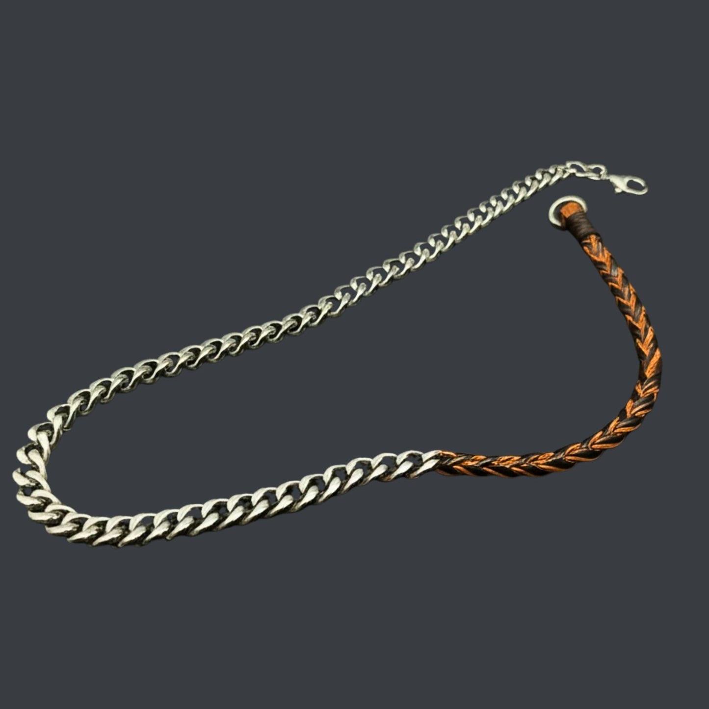 THE MEN THING Leather Necklace CURBLINK BRAID - Pure Titanium Steel Chain with Drak Brown Beaded Rope Necklace for Men and Boys - 17inch