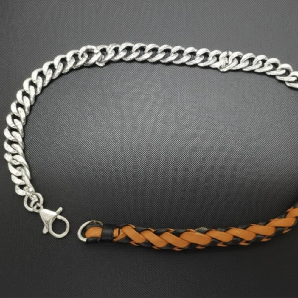 THE MEN THING Leather Necklace CURBLINK BRAID - Pure Titanium Steel Chain with Mustard Yellow and Black Beaded Rope Necklace for Men and Boys - 17inch
