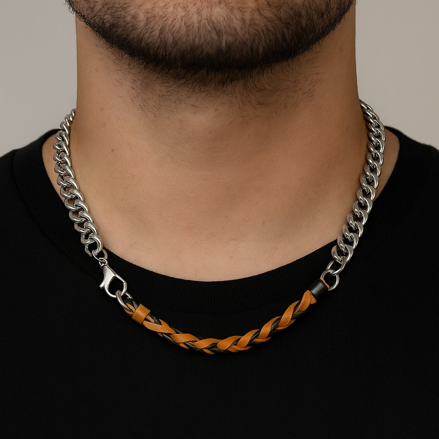 THE MEN THING Leather Necklace CURBLINK BRAID - Pure Titanium Steel Chain with Mustard Yellow and Black Beaded Rope Necklace for Men and Boys - 17inch