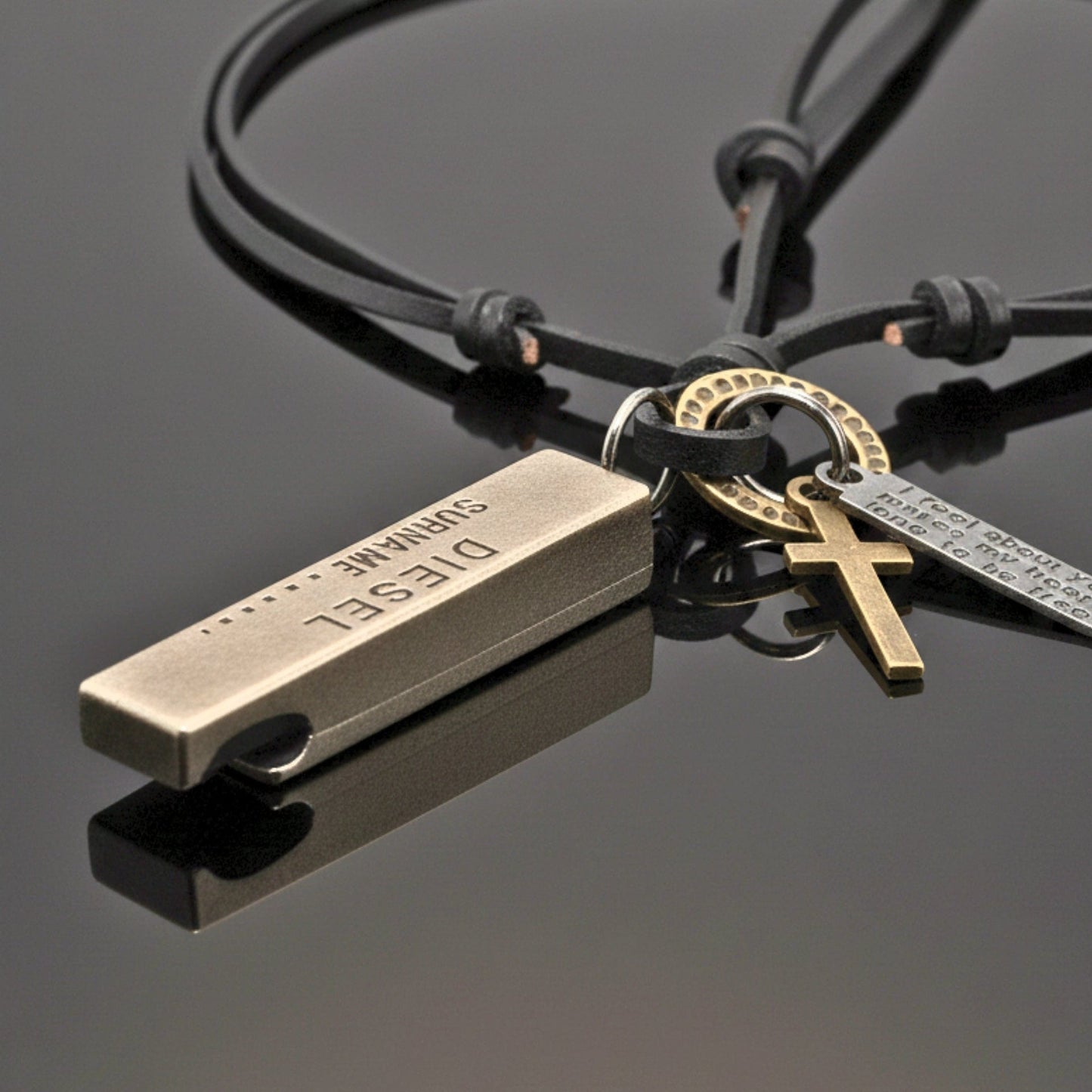 THE MEN THING Leather Necklace DIESEL FAITH – 2-Inch Pure Stainless Steel Pendant with Adjustable Leather Rope for Men & Boys