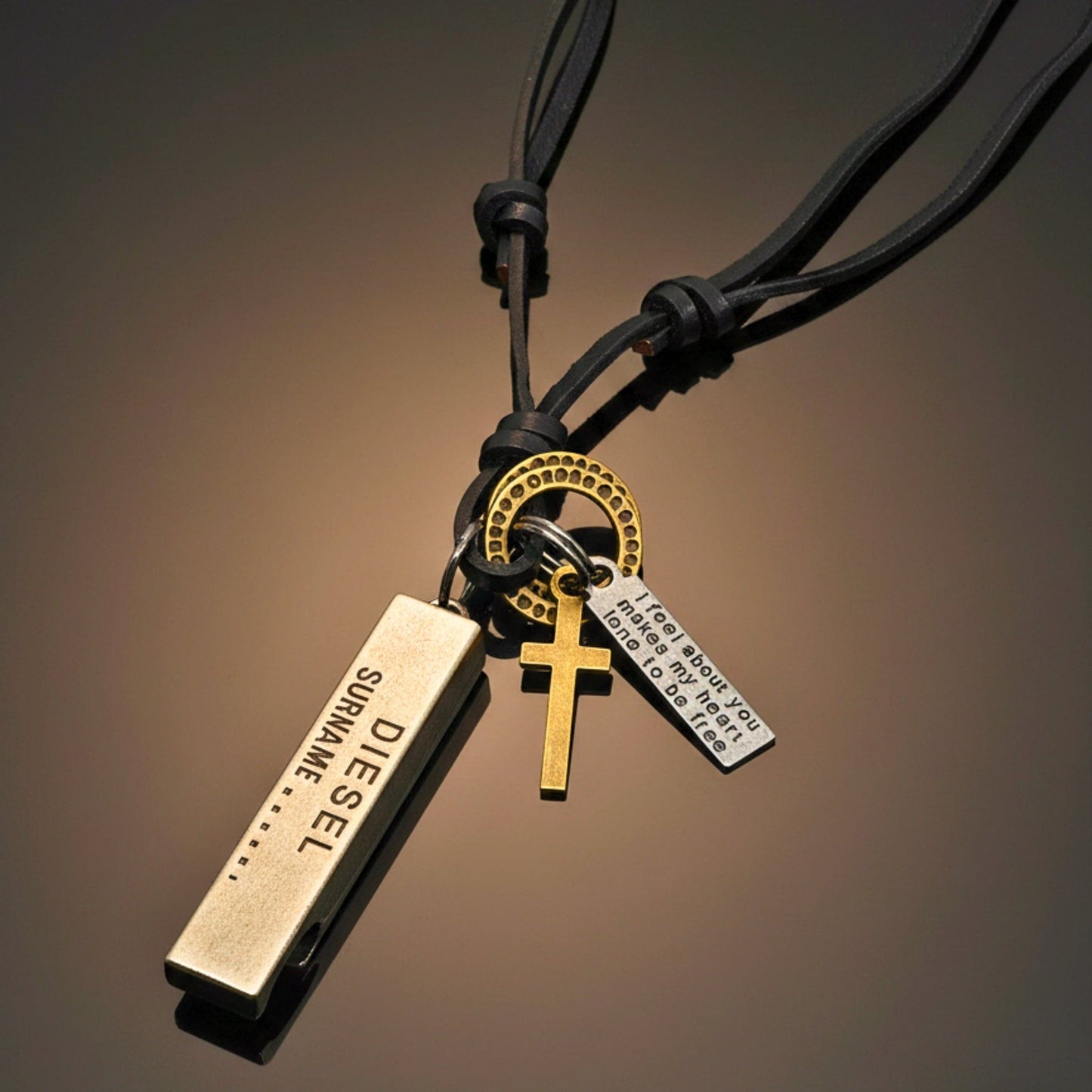 THE MEN THING Leather Necklace DIESEL FAITH – 2-Inch Pure Stainless Steel Pendant with Adjustable Leather Rope for Men & Boys
