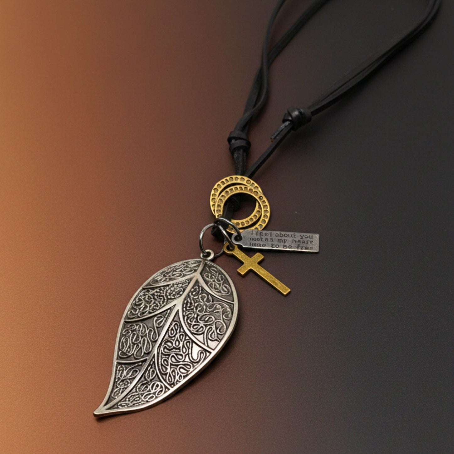 THE MEN THING Leather Necklace ETHEREAL LEAF – 2.5-Inch Pure Stainless Steel Pendant with Adjustable Leather Rope for Men & Boys