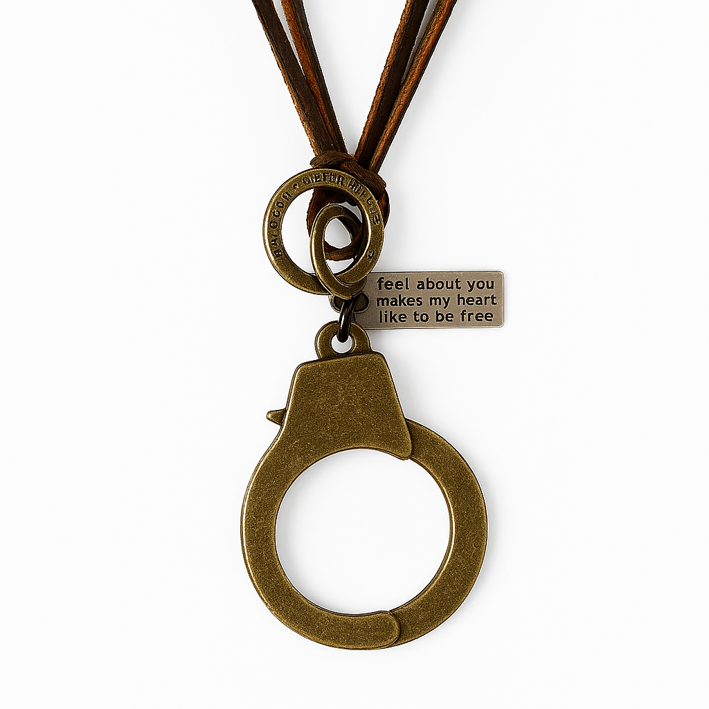 THE MEN THING Leather Necklace FREEDOM HANDCUFFS - Titanium Steel Pendant with Adjustable Rope Chain for Men & Boys