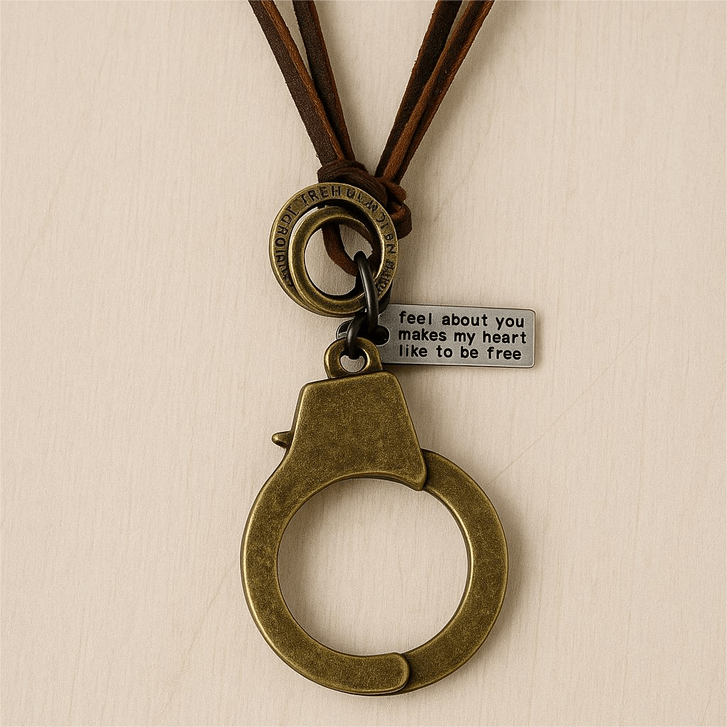 THE MEN THING Leather Necklace FREEDOM HANDCUFFS - Titanium Steel Pendant with Adjustable Rope Chain for Men & Boys
