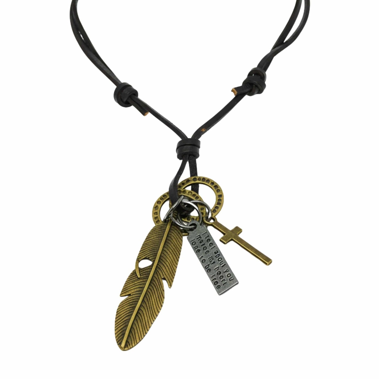 THE MEN THING Leather Necklace GOLDEN FEATHER OF FAITH – 2-Inch Pure Stainless Steel Pendant with Adjustable Leather Rope for Men & Boys