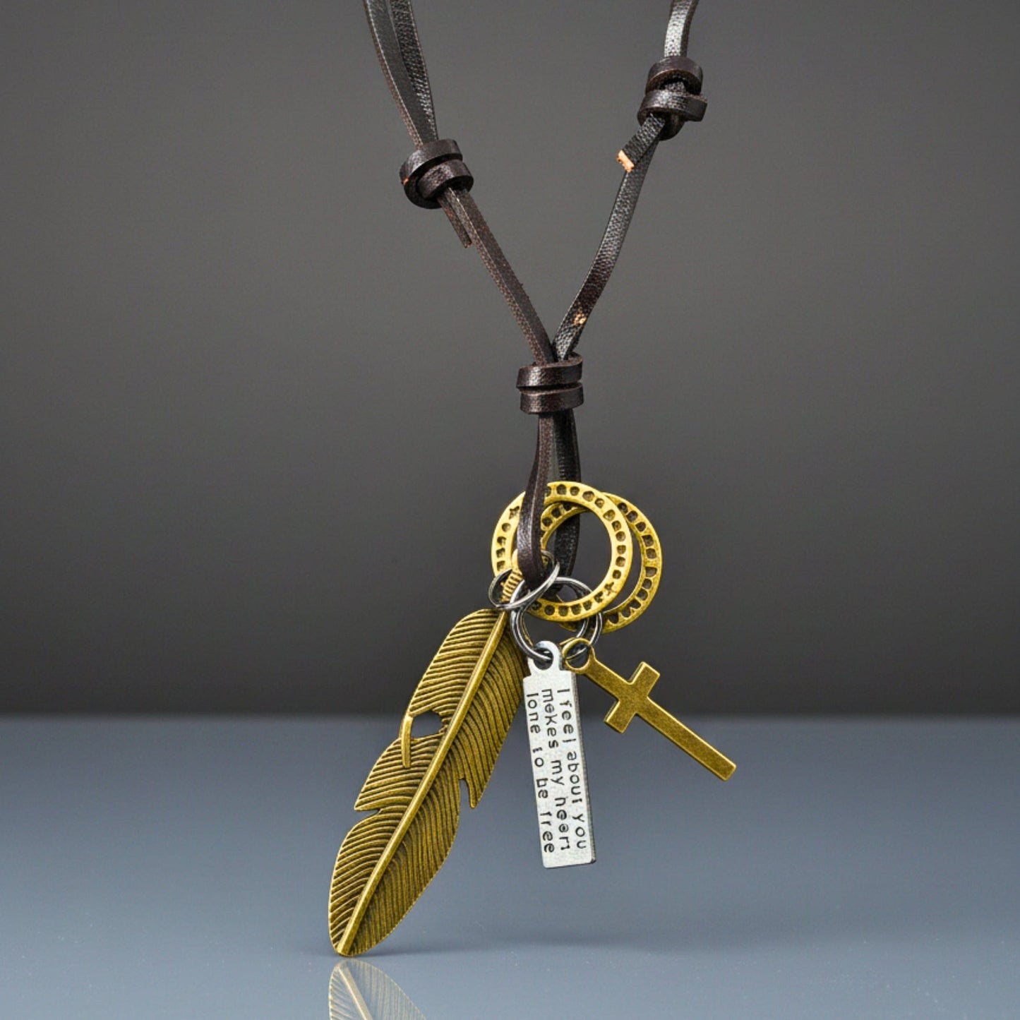 THE MEN THING Leather Necklace GOLDEN FEATHER OF FAITH – 2-Inch Pure Stainless Steel Pendant with Adjustable Leather Rope for Men & Boys