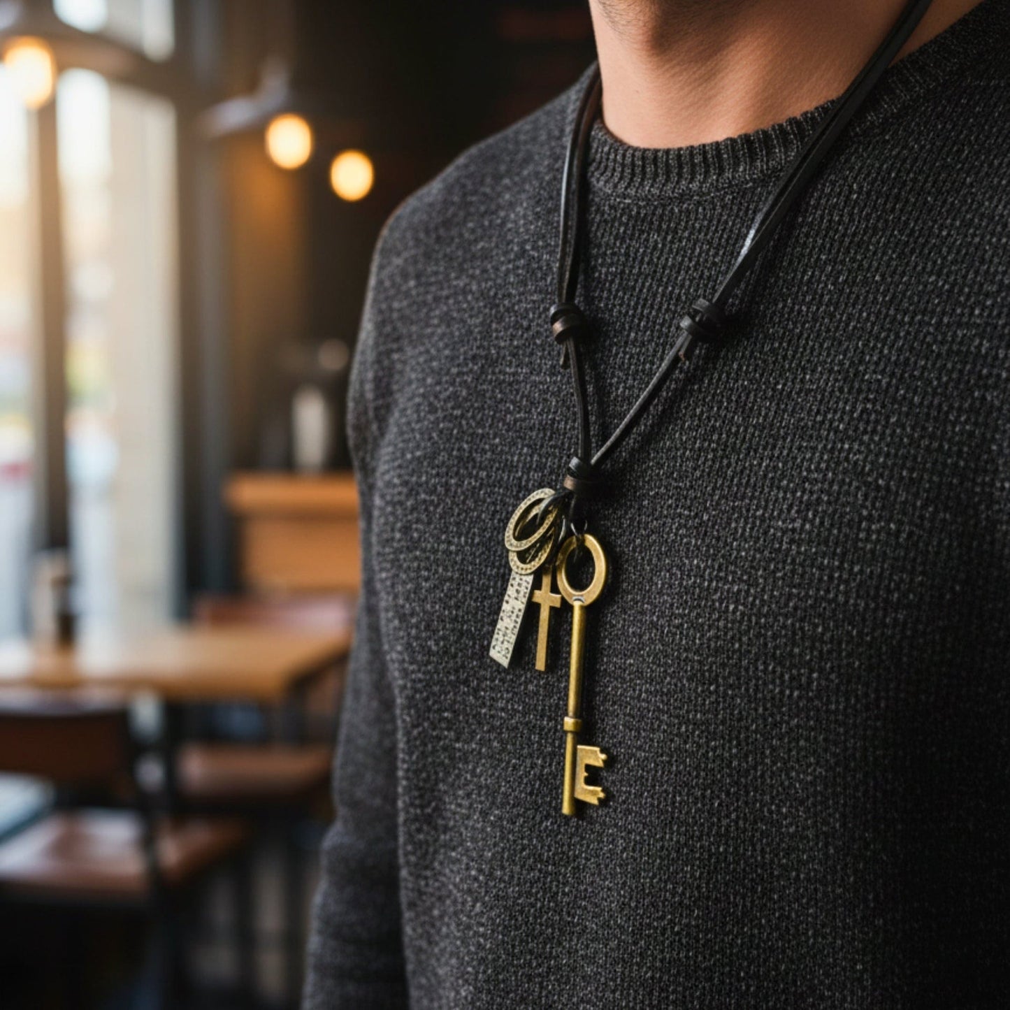 THE MEN THING Leather Necklace GOLDEN KEY OF FAITH – 2.5-Inch Pure Stainless Steel Pendant with Adjustable Leather Rope for Men & Boys