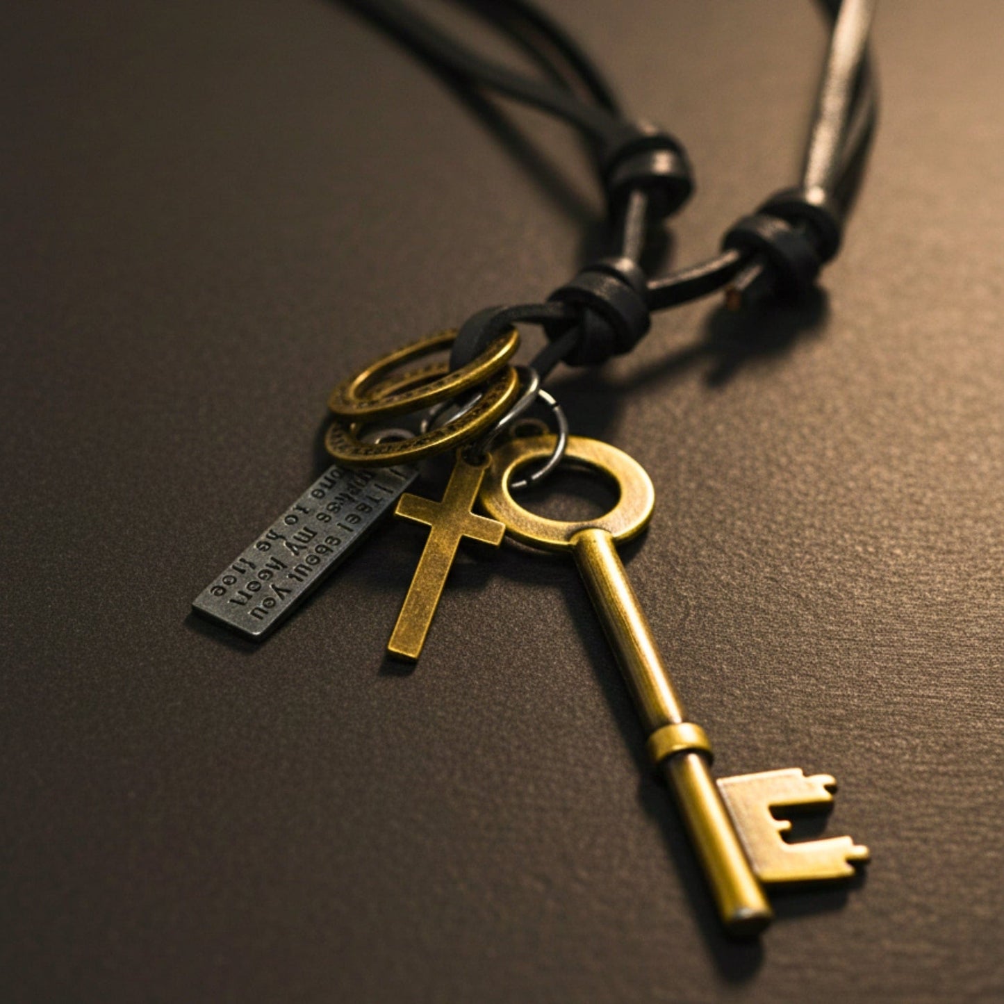 THE MEN THING Leather Necklace GOLDEN KEY OF FAITH – 2.5-Inch Pure Stainless Steel Pendant with Adjustable Leather Rope for Men & Boys