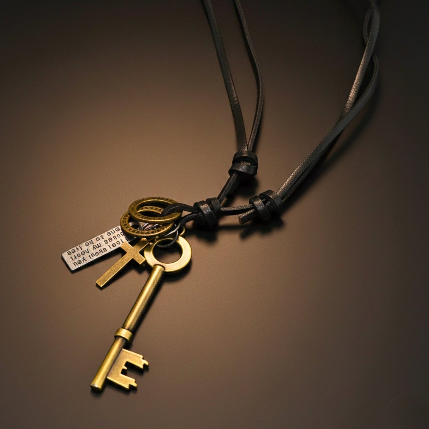 THE MEN THING Leather Necklace GOLDEN KEY OF FAITH – 2.5-Inch Pure Stainless Steel Pendant with Adjustable Leather Rope for Men & Boys