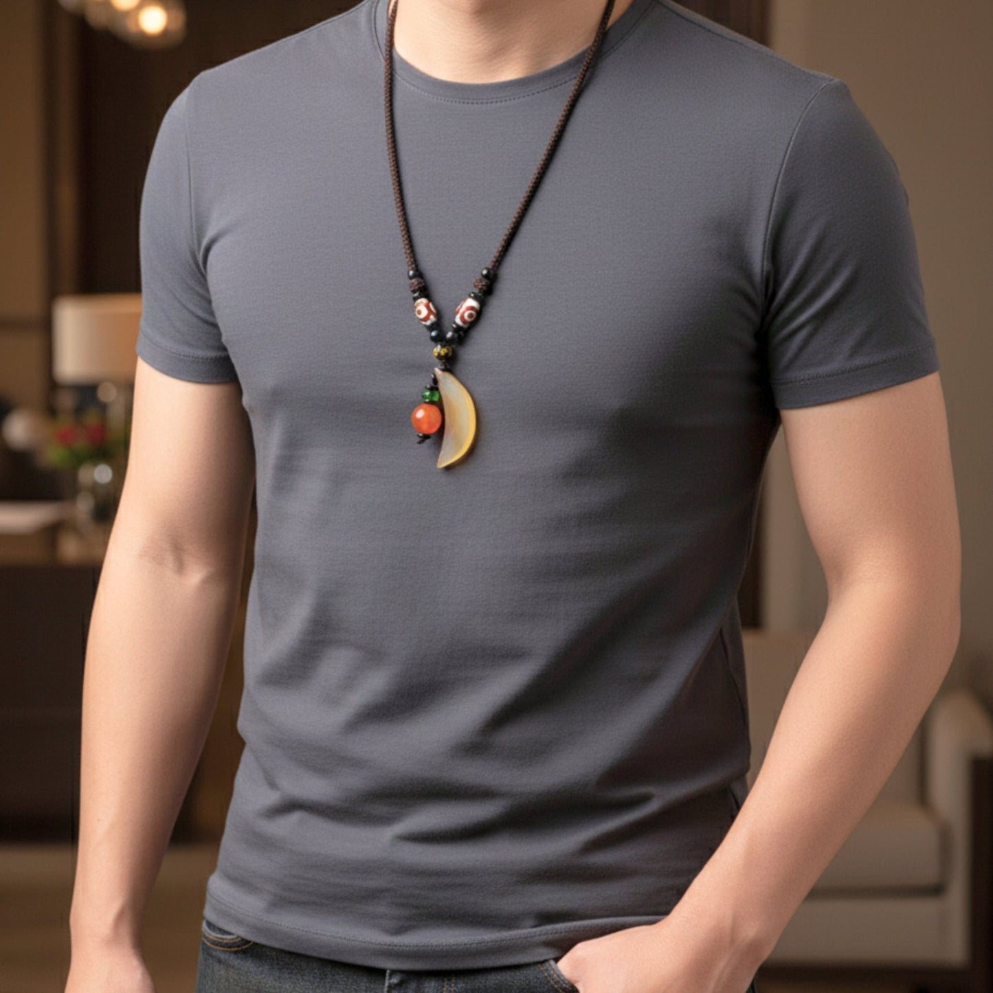 THE MEN THING Leather Necklace GUARDIAN FANG – 1.8-Inch Natural Crystal Pendant with Adjustable Leather Rope for Men & Boys