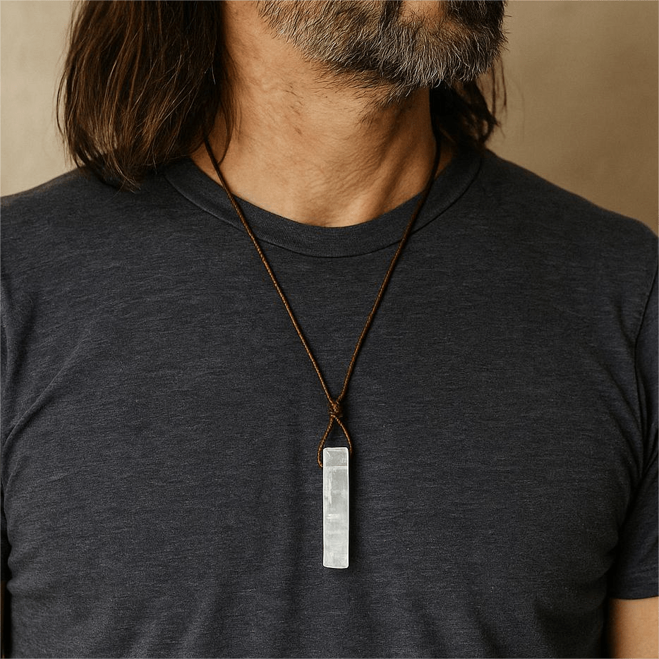 THE MEN THING Leather Necklace GYPSUM - Natural Crystal Unshaped Pendant with Adjustable Rope Chain for Men and Boys