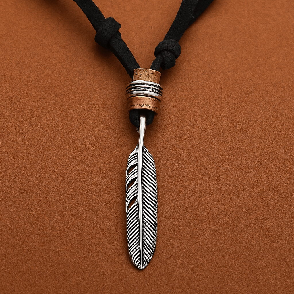 THE MEN THING Leather Necklace HAWK FEATHER - Titanium Steel Pendant with Adjustable Rope Chain for Men & Boys