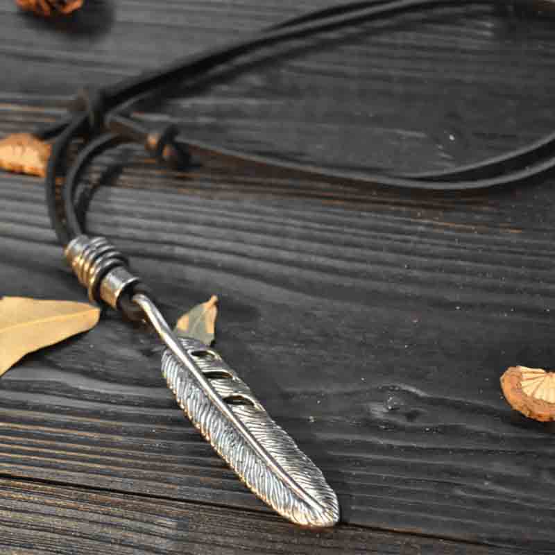 THE MEN THING Leather Necklace HAWK FEATHER - Titanium Steel Pendant with Adjustable Rope Chain for Men & Boys