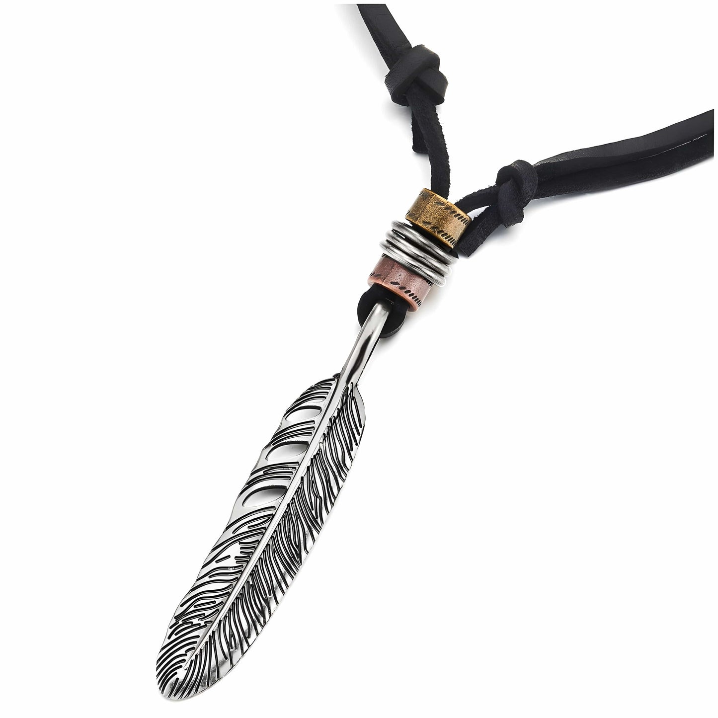 THE MEN THING Leather Necklace HAWK FEATHER - Titanium Steel Pendant with Adjustable Rope Chain for Men & Boys