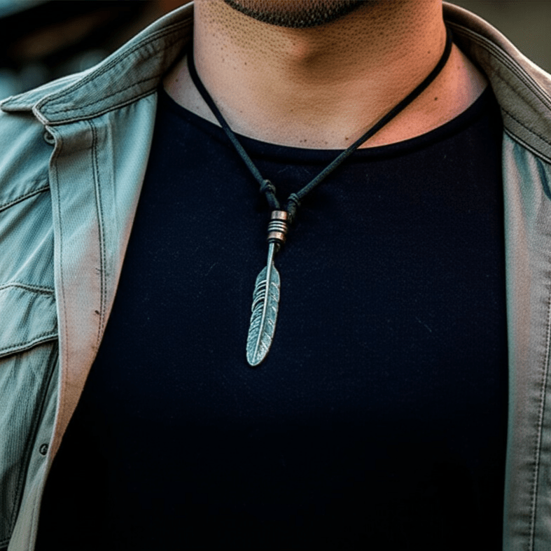 THE MEN THING Leather Necklace HAWK FEATHER - Titanium Steel Pendant with Adjustable Rope Chain for Men & Boys