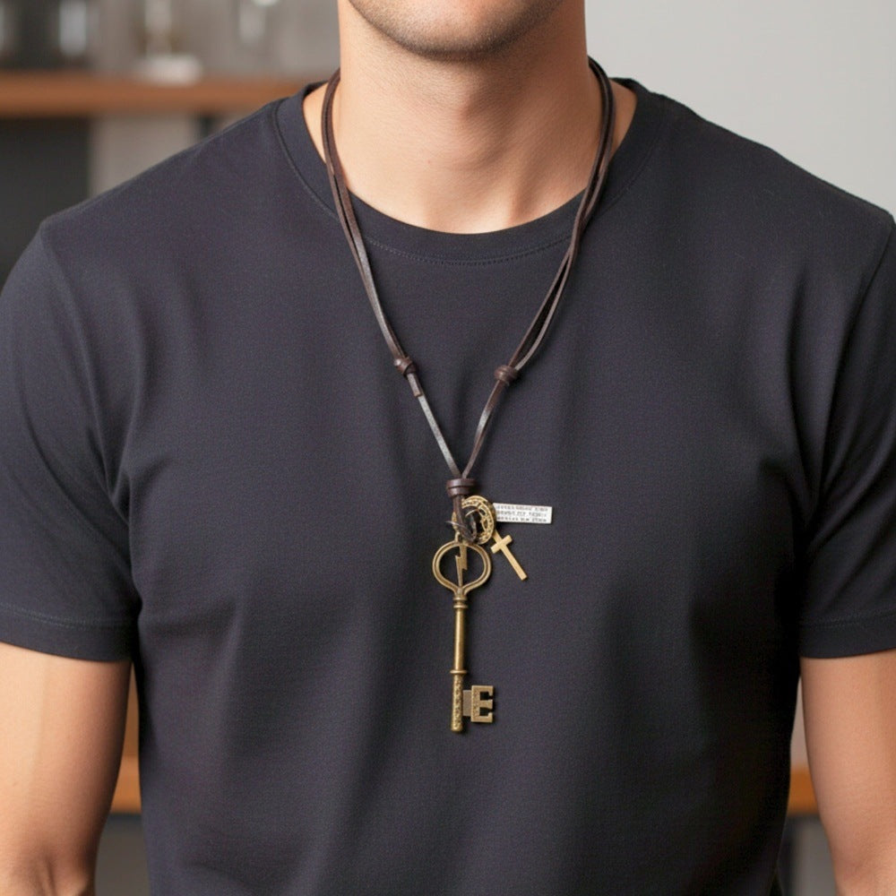 THE MEN THING Leather Necklace KEY OF VALOR – 3-Inch Pure Stainless Steel Pendant with Adjustable Leather Rope for Men & Boys