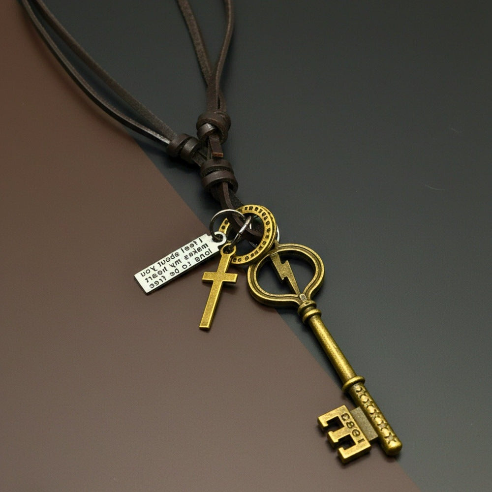 THE MEN THING Leather Necklace KEY OF VALOR – 3-Inch Pure Stainless Steel Pendant with Adjustable Leather Rope for Men & Boys