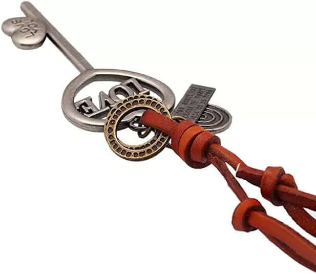 THE MEN THING Leather Necklace KEY TO HEART - Vintage Alloy Key Heart Pendant with Adjustable Pure Dark Brown Leather Cord Necklace for Men & Boys