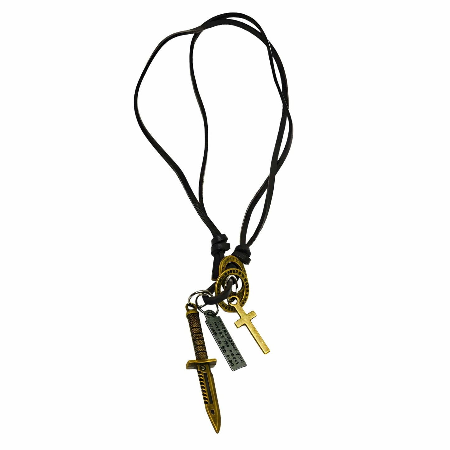 THE MEN THING Leather Necklace KNIGHT GOLDEN SWORD – 2.5-Inch Pure Stainless Steel Pendant with Adjustable Leather Rope for Men & Boys