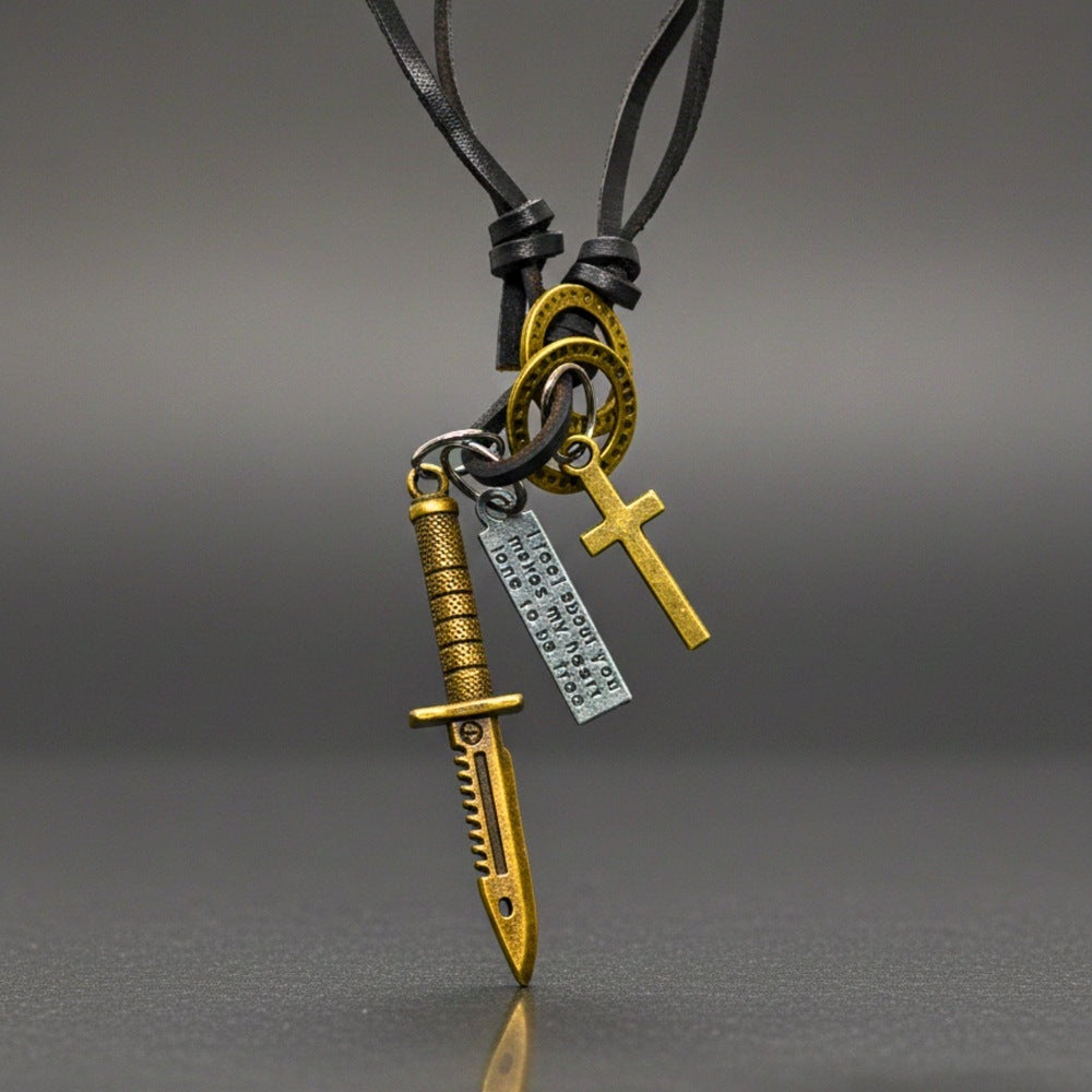 THE MEN THING Leather Necklace KNIGHT GOLDEN SWORD – 2.5-Inch Pure Stainless Steel Pendant with Adjustable Leather Rope for Men & Boys