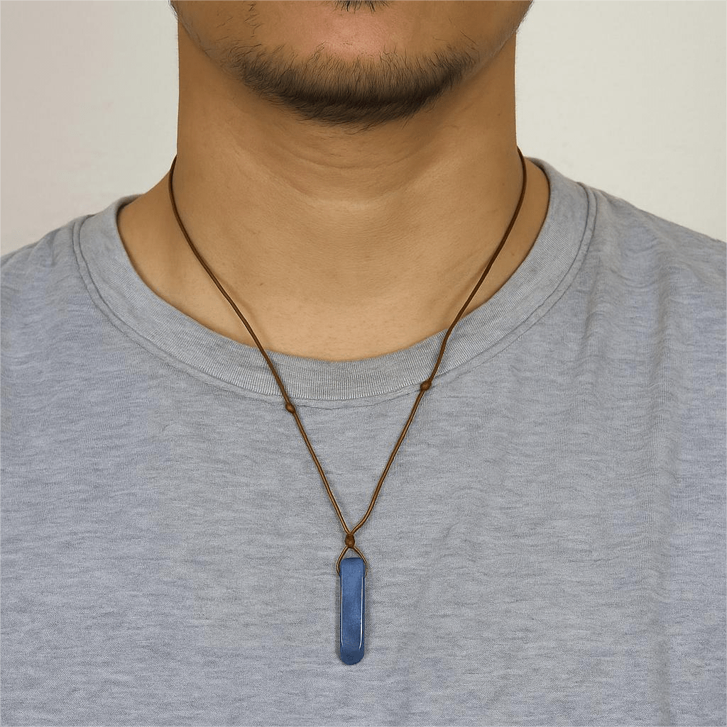 THE MEN THING Leather Necklace LAPIS LAZULI - Natural Crystal Unshaped Pendant with Adjustable Rope Chain for Men and Boys