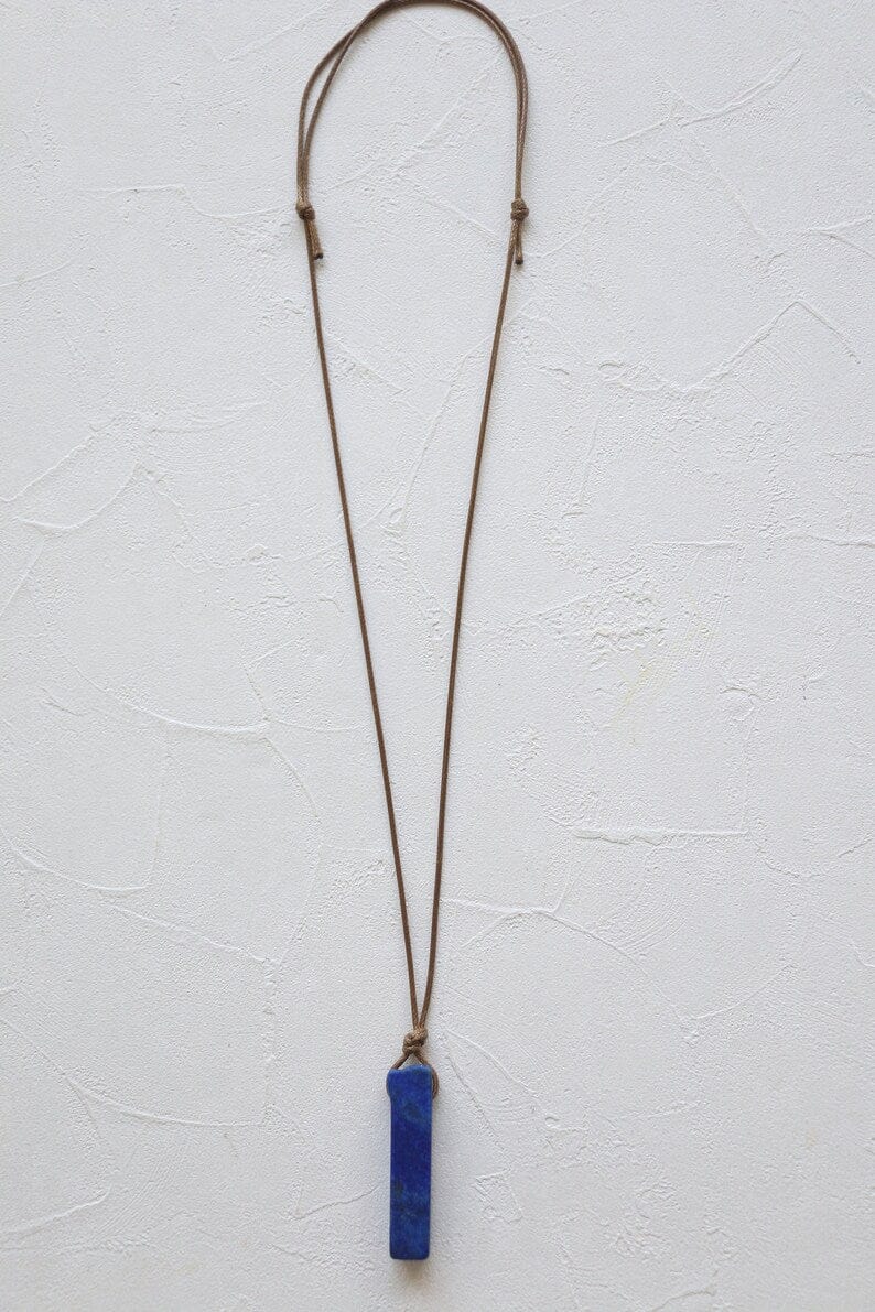 THE MEN THING Leather Necklace LAPIS LAZULI - Natural Crystal Unshaped Pendant with Adjustable Rope Chain for Men and Boys