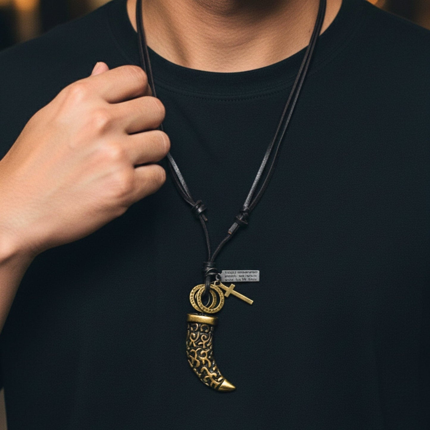 THE MEN THING Leather Necklace LEGION FANG – 2-Inch Pure Stainless Steel Pendant with Adjustable Leather Rope for Men & Boys