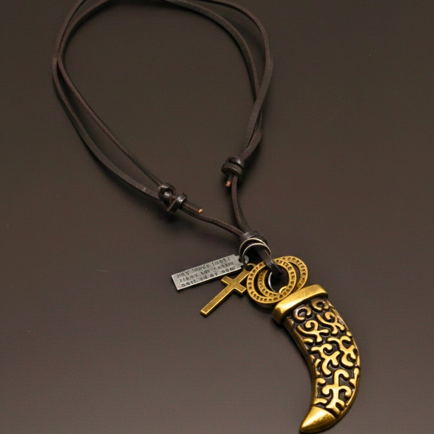 THE MEN THING Leather Necklace LEGION FANG – 2-Inch Pure Stainless Steel Pendant with Adjustable Leather Rope for Men & Boys