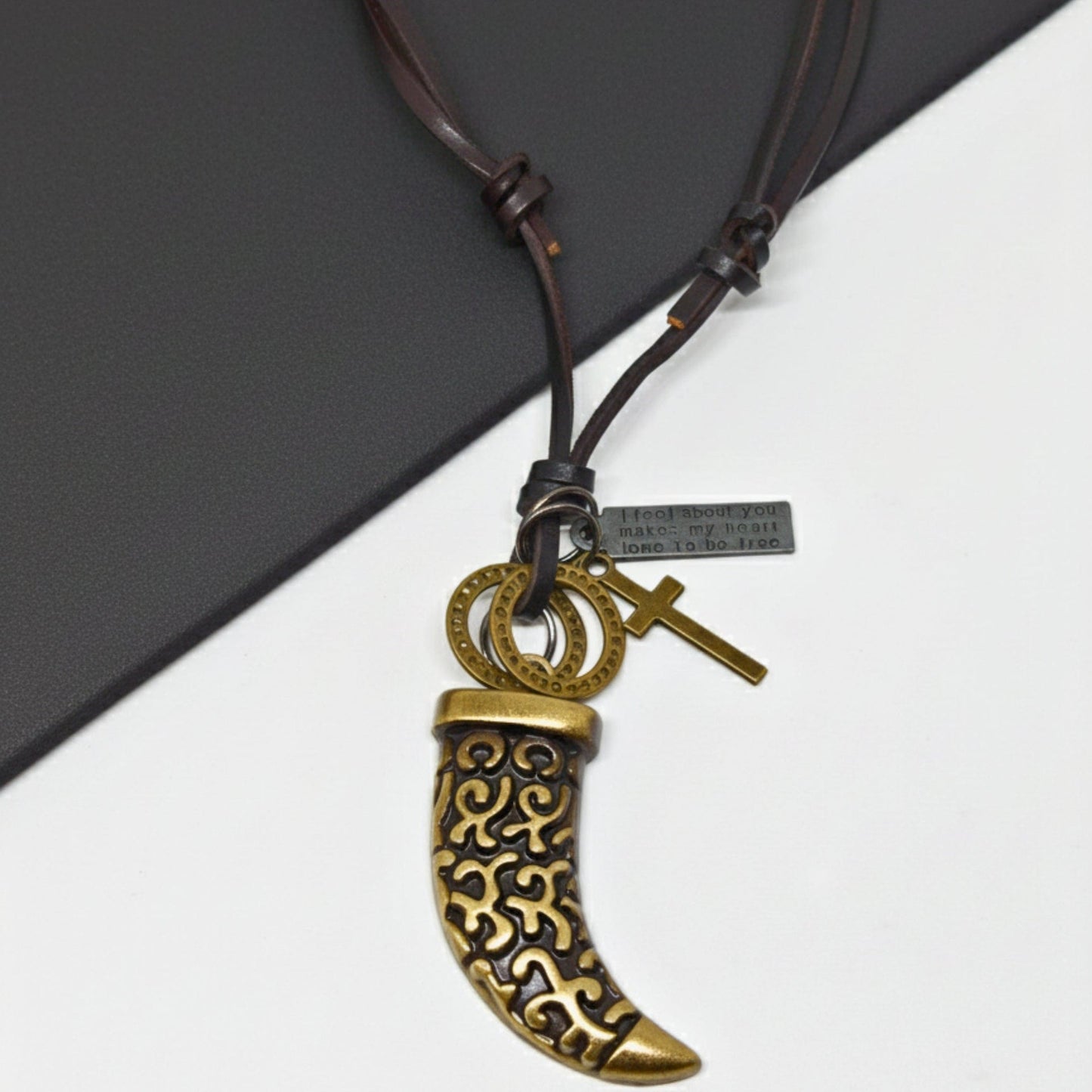 THE MEN THING Leather Necklace LEGION FANG – 2-Inch Pure Stainless Steel Pendant with Adjustable Leather Rope for Men & Boys