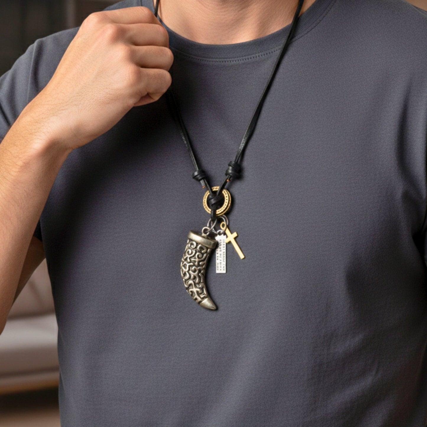 THE MEN THING Leather Necklace LEGION FANG - SILVER – 2-Inch Pure Stainless Steel Pendant with Adjustable Leather Rope for Men & Boys