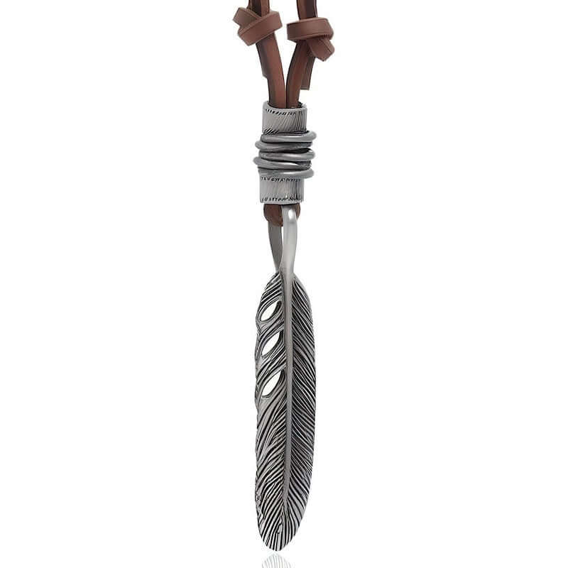 THE MEN THING Leather Necklace MAYAN FREEDOM BROWN - Vintage Alloy Feather Pendant with Adjustable Pure Leather Cord Necklace for Men & Boys