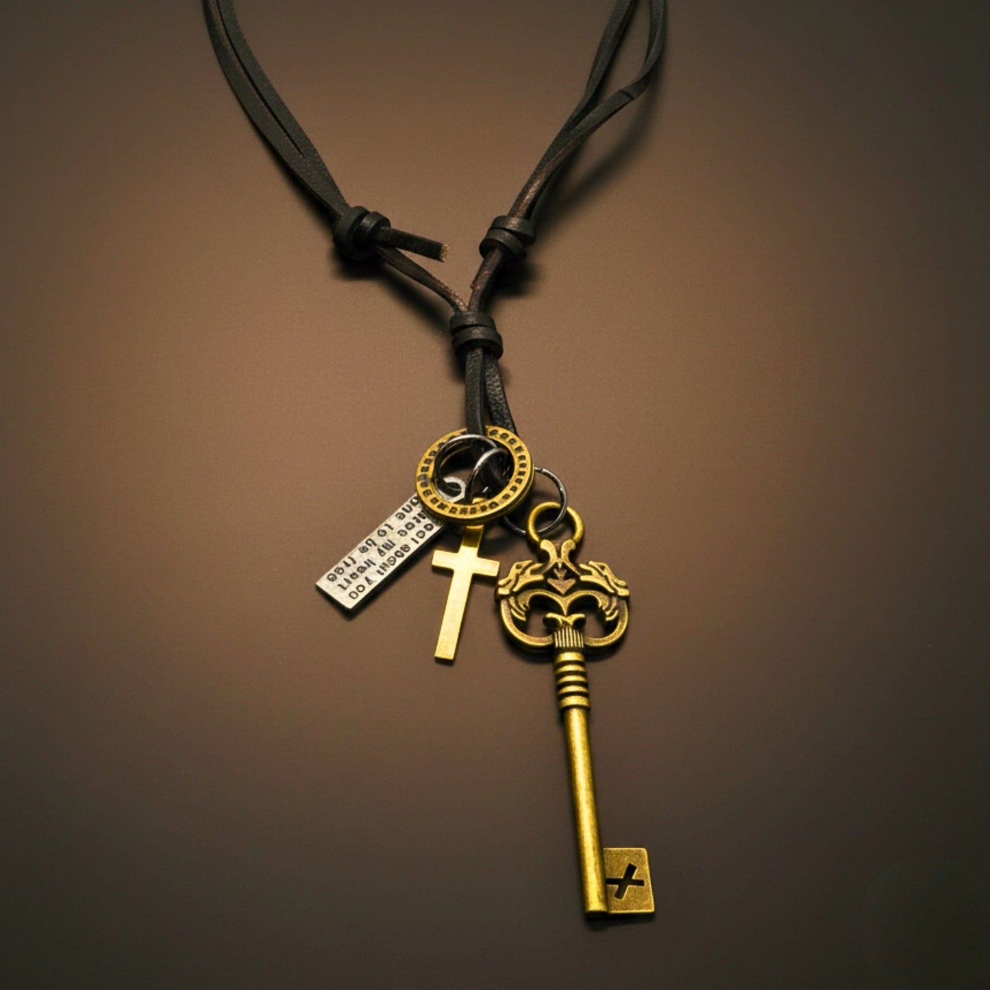 THE MEN THING Leather Necklace MYSTERIOUS KEY – 2.5-Inch Pure Stainless Steel Pendant with Adjustable Leather Rope for Men & Boys