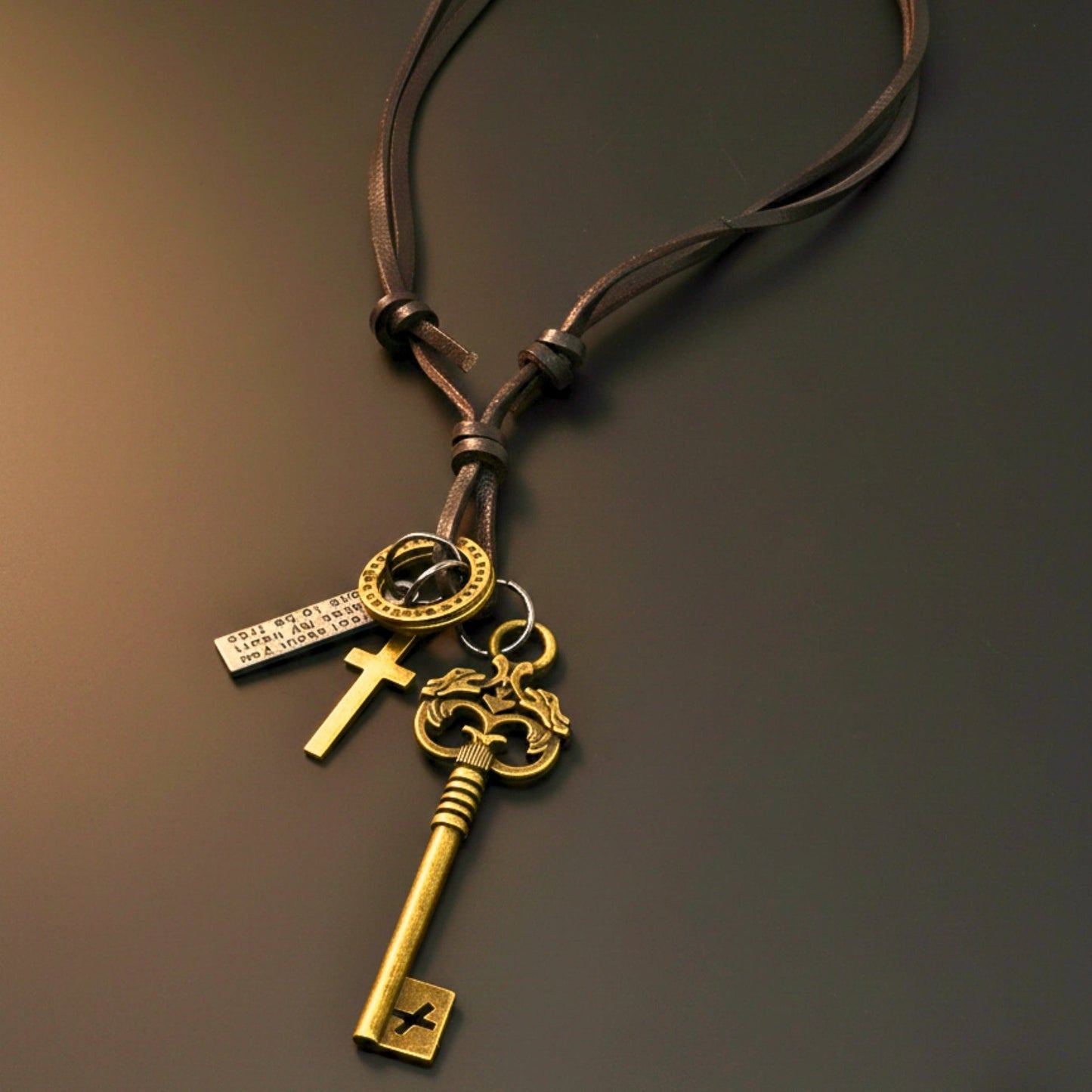THE MEN THING Leather Necklace MYSTERIOUS KEY – 2.5-Inch Pure Stainless Steel Pendant with Adjustable Leather Rope for Men & Boys