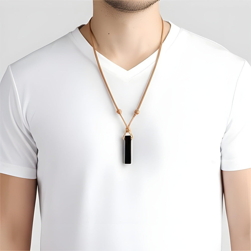 THE MEN THING Leather Necklace OBSIDIAN ROUGH - Natural Crystal Pendant with Adjustable Pure Leather Cord Necklace for Men & Boys