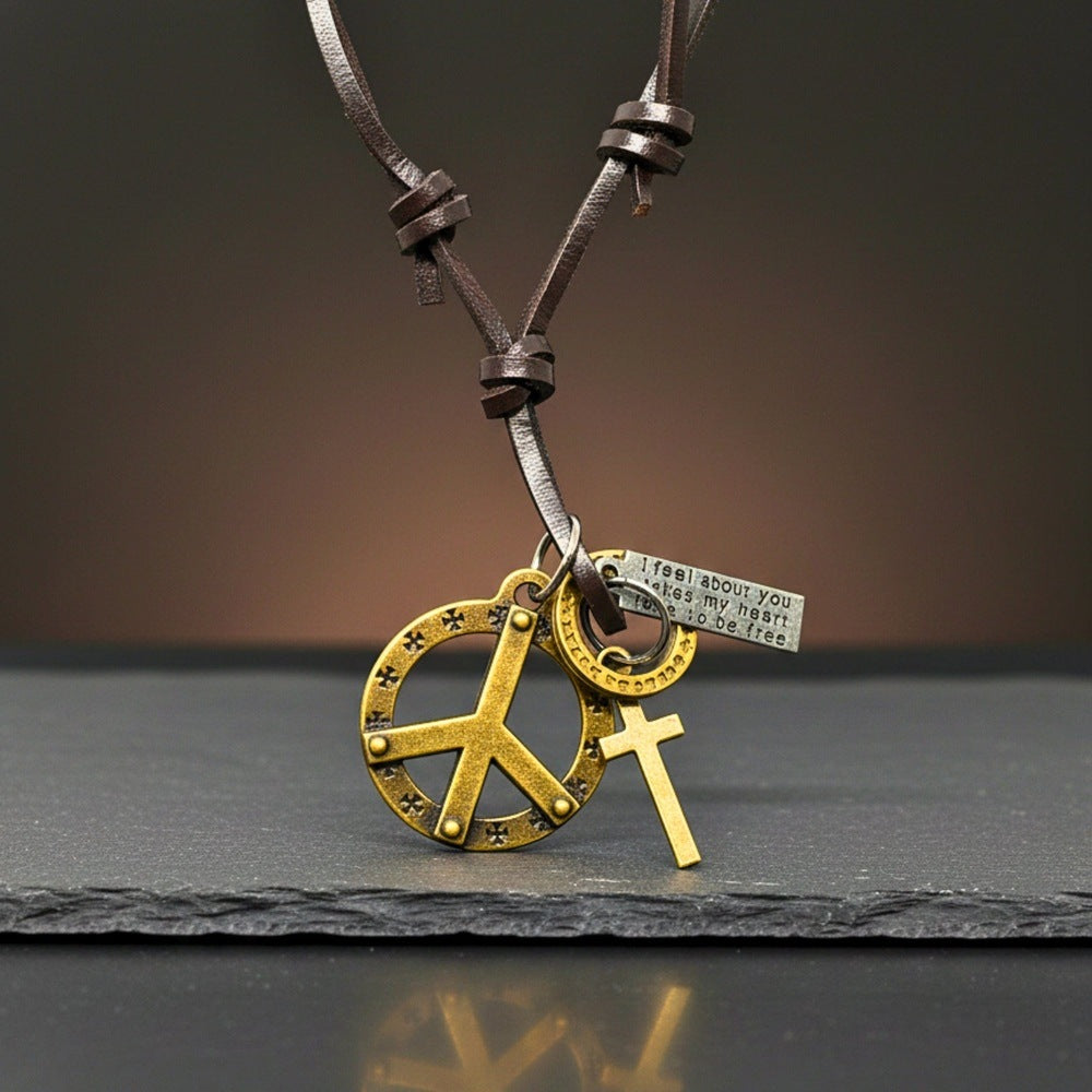 THE MEN THING Leather Necklace PEACE OF CROSS – 1.2-Inch Pure Stainless Steel Pendant with Adjustable Leather Rope for Men & Boys