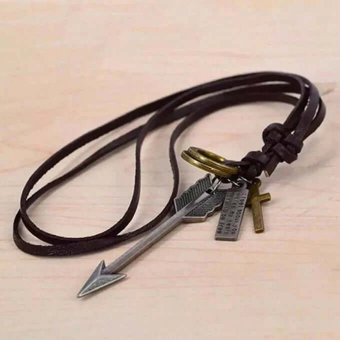 THE MEN THING Leather Necklace PIERCING HEART - Vintage Alloy Silver Arrow Pendant with Adjustable Pure Leather Cord Necklace for Men & Boys