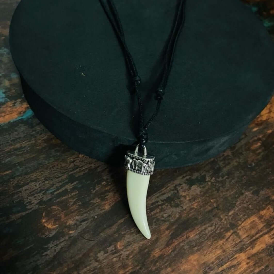 THE MEN THING Leather Necklace REGAL CROWN - Faux Ivory Tusk Pendant, Antique Silver Crown with Black Cotton Cord Adjustable Necklace for Men and Boys.