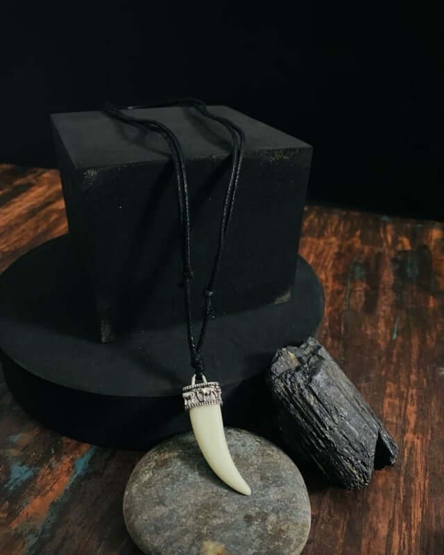 THE MEN THING Leather Necklace REGAL CROWN - Faux Ivory Tusk Pendant, Antique Silver Crown with Black Cotton Cord Adjustable Necklace for Men and Boys.