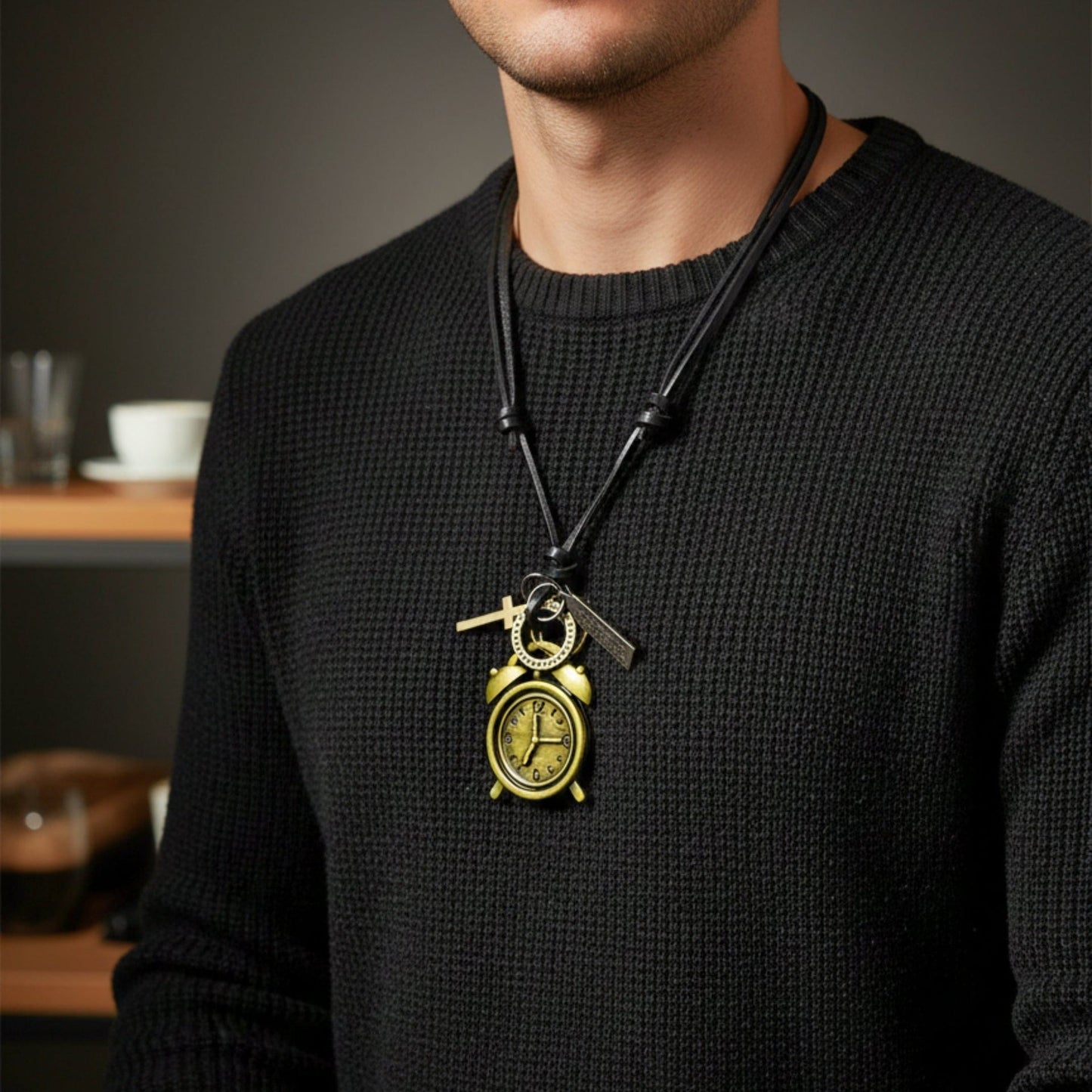 THE MEN THING Leather Necklace RETRO VINTAGE CLOCK – 1.8-Inch Pure Stainless Steel Pendant with Adjustable Leather Rope for Men & Boys