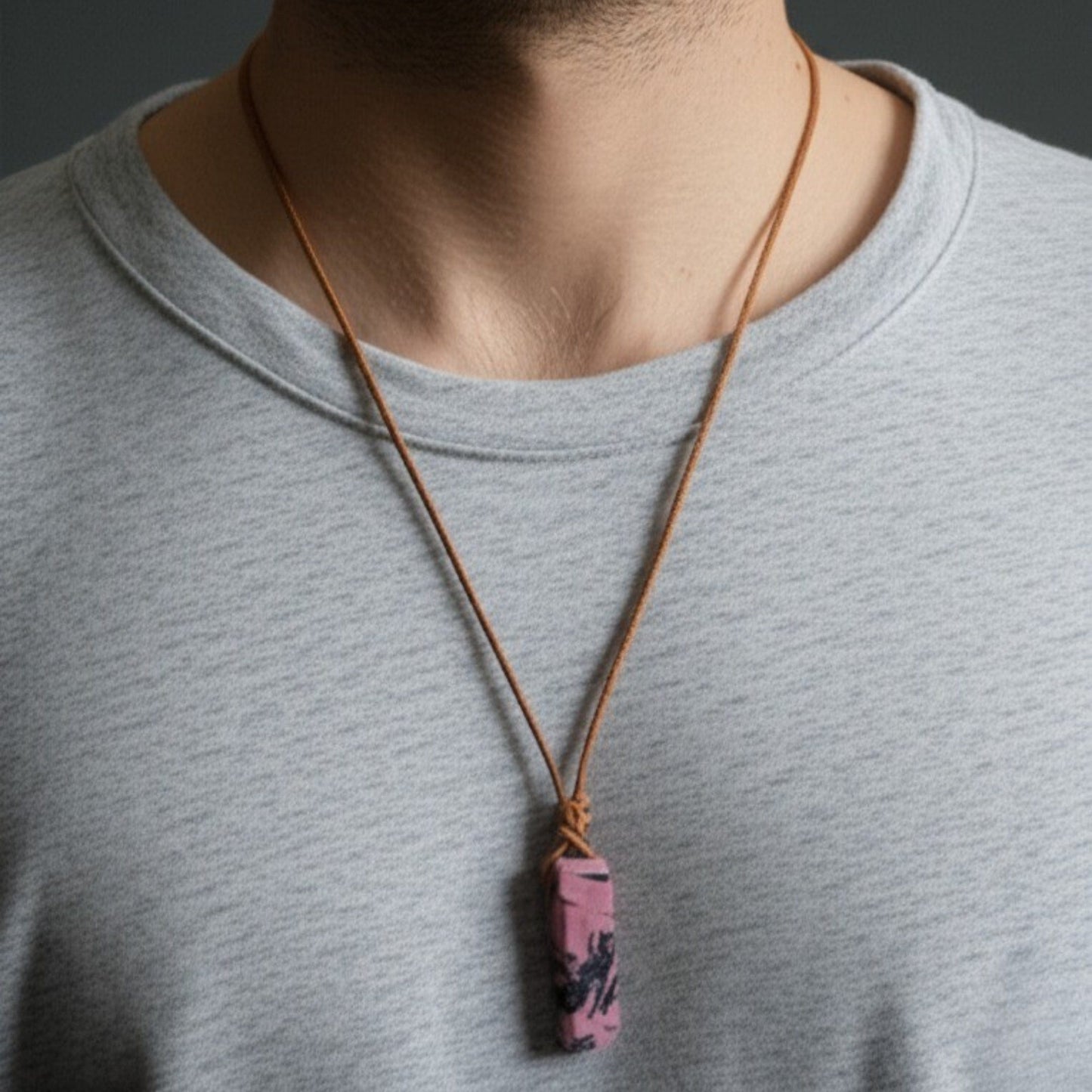 THE MEN THING Leather Necklace RHODONITE BLOOM - Natural Crystal Pendant with Adjustable Pure Leather Cord Necklace for Men & Boys