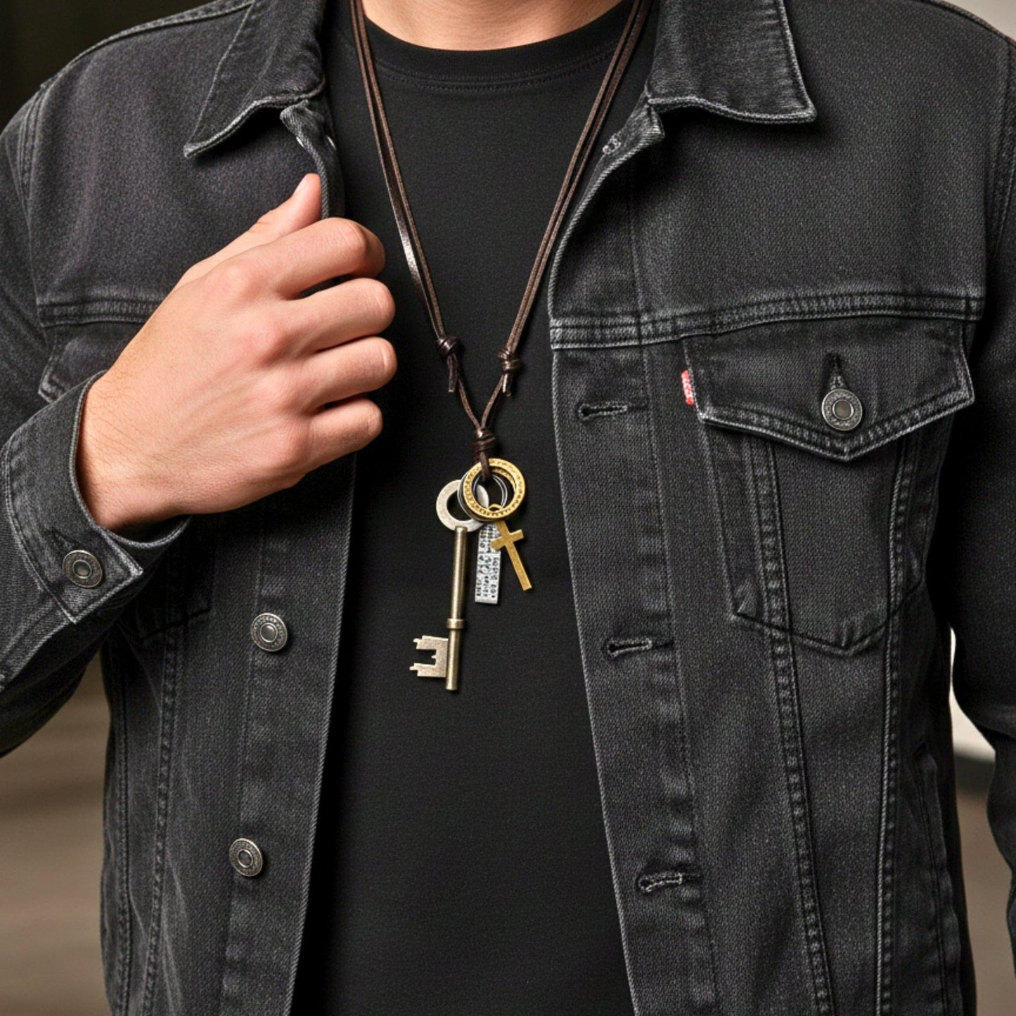 THE MEN THING Leather Necklace SILVER KEY OF FAITH – 2.5-Inch Pure Stainless Steel Pendant with Adjustable Leather Rope for Men & Boys