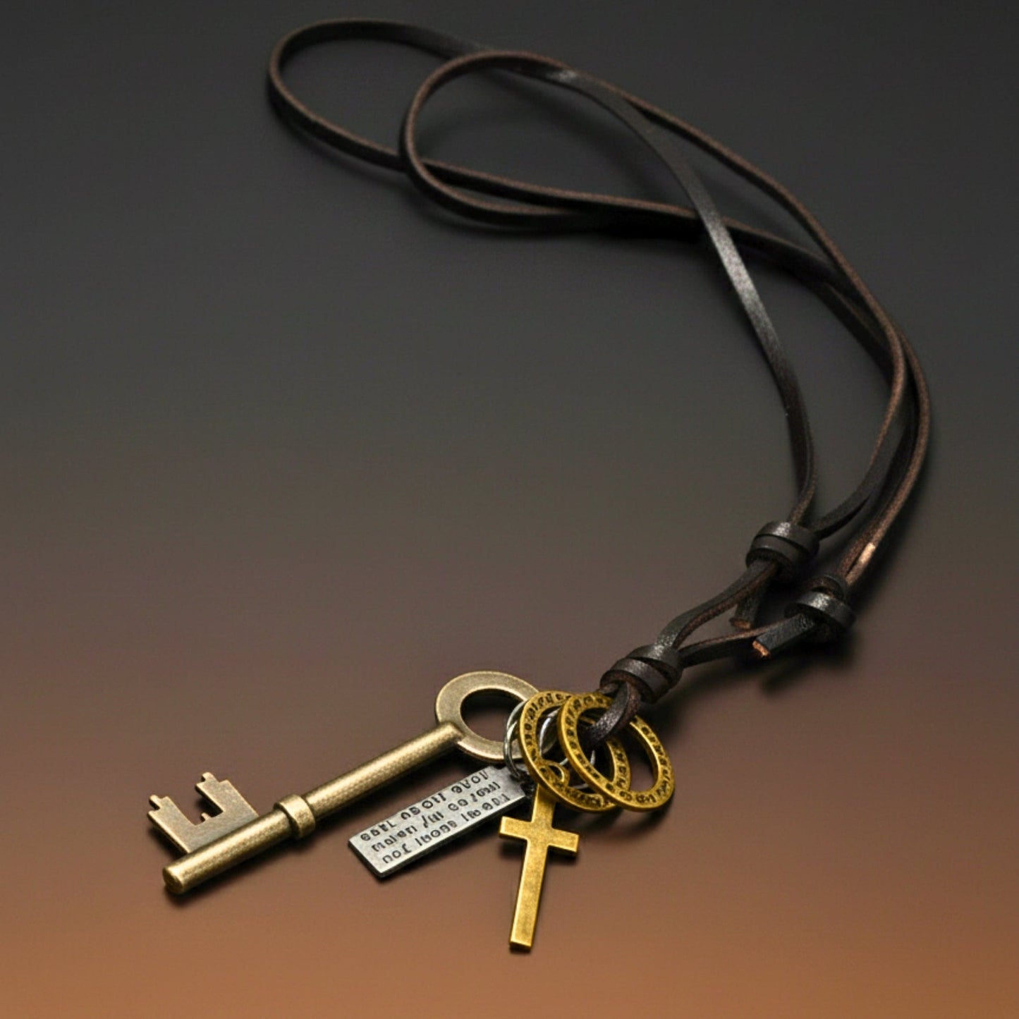THE MEN THING Leather Necklace SILVER KEY OF FAITH – 2.5-Inch Pure Stainless Steel Pendant with Adjustable Leather Rope for Men & Boys