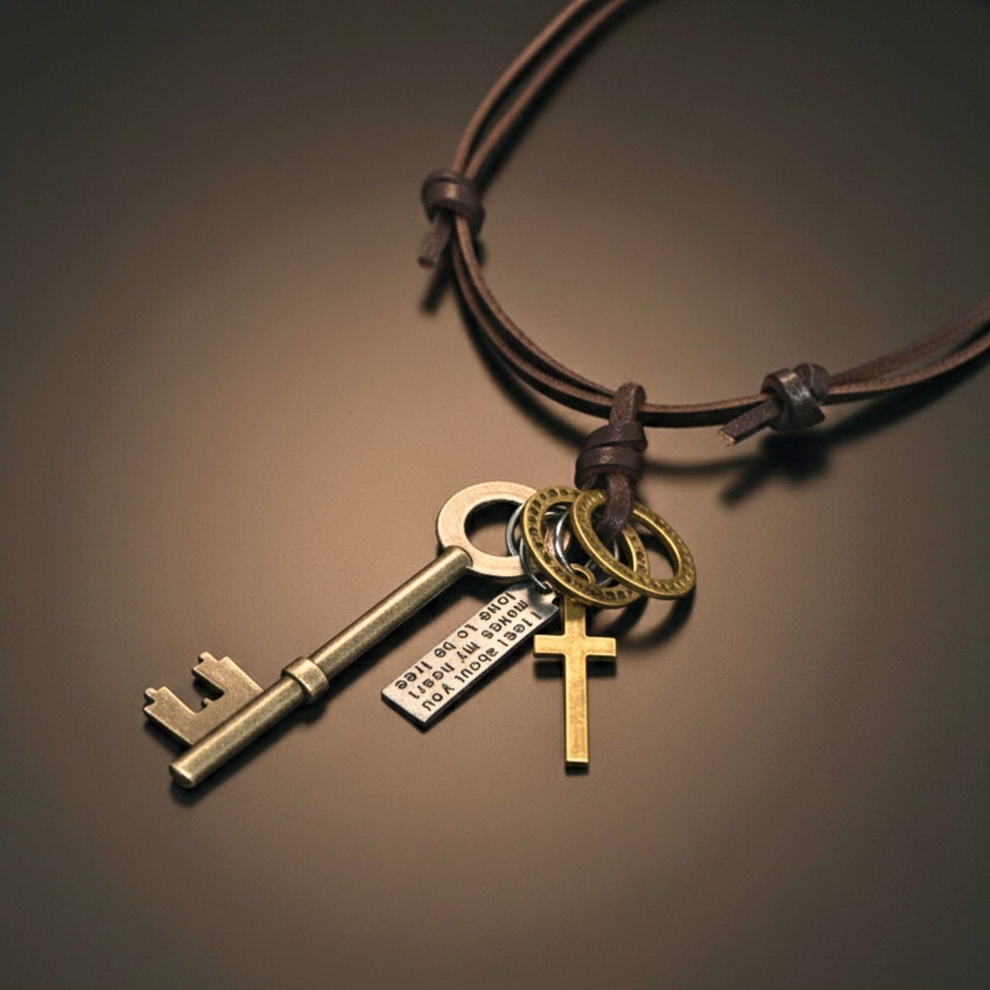 THE MEN THING Leather Necklace SILVER KEY OF FAITH – 2.5-Inch Pure Stainless Steel Pendant with Adjustable Leather Rope for Men & Boys