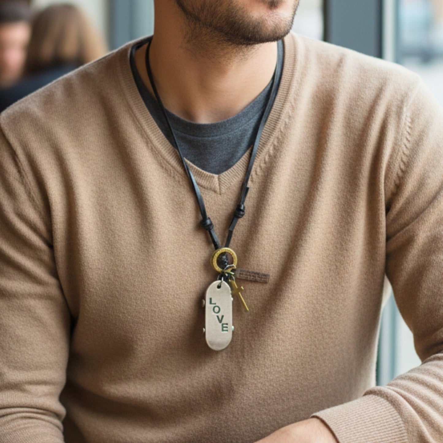 THE MEN THING Leather Necklace SILVER SKATE LOVE – 2-Inch Pure Stainless Steel Pendant with Adjustable Dark Brown Leather Rope for Men & Boys